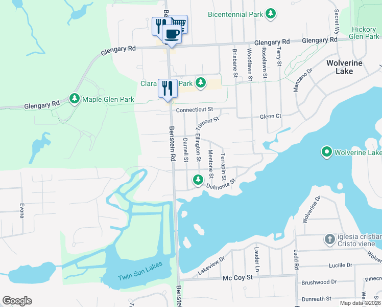 map of restaurants, bars, coffee shops, grocery stores, and more near 2260 Darnell Street in Wolverine Lake