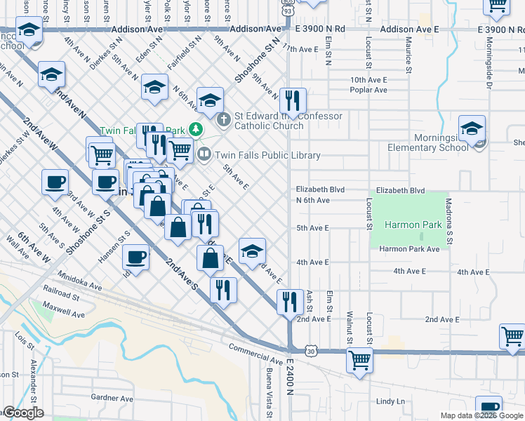 map of restaurants, bars, coffee shops, grocery stores, and more near 460 5th Avenue East in Twin Falls