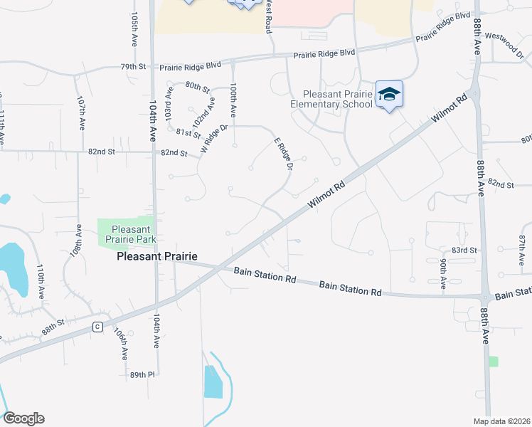 map of restaurants, bars, coffee shops, grocery stores, and more near 8445 East Ridge Drive in Pleasant Prairie