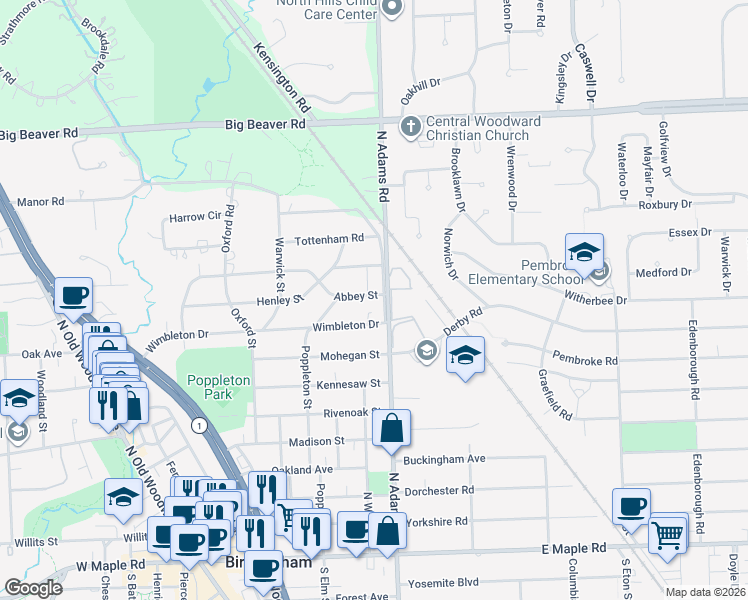 map of restaurants, bars, coffee shops, grocery stores, and more near 971 North Adams Road in Birmingham