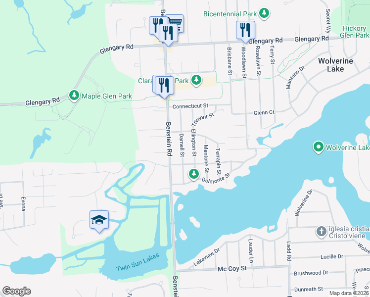 map of restaurants, bars, coffee shops, grocery stores, and more near 2260 Darnell Street in Wolverine Lake