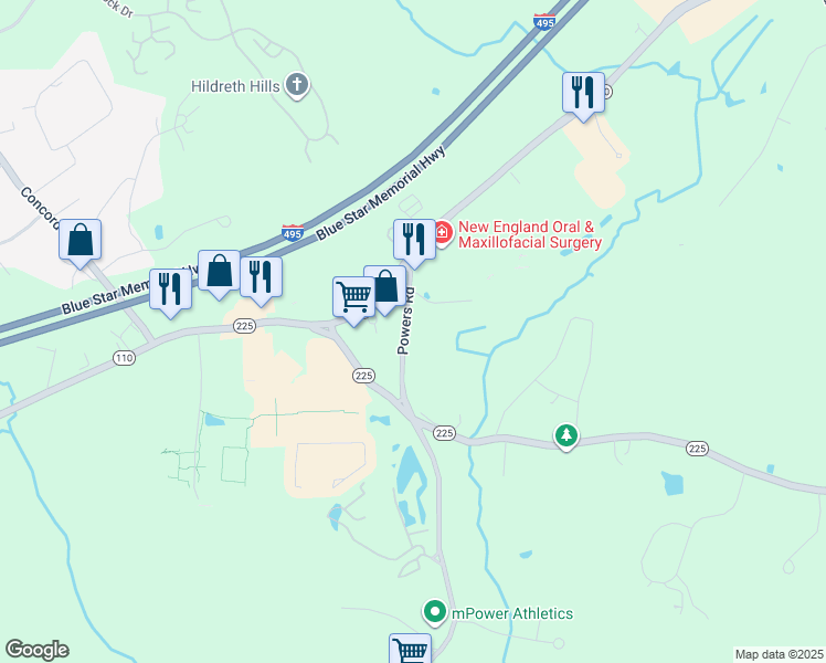 map of restaurants, bars, coffee shops, grocery stores, and more near 8 Powers Road in Westford