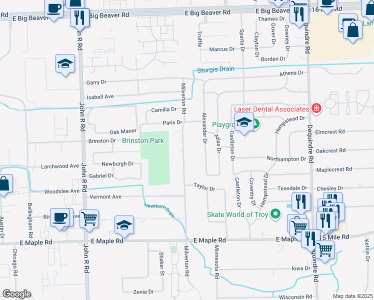 map of restaurants, bars, coffee shops, grocery stores, and more near 2182 Milverton Road in Troy