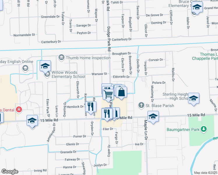 map of restaurants, bars, coffee shops, grocery stores, and more near 35439 Dodge Park Road in Sterling Heights