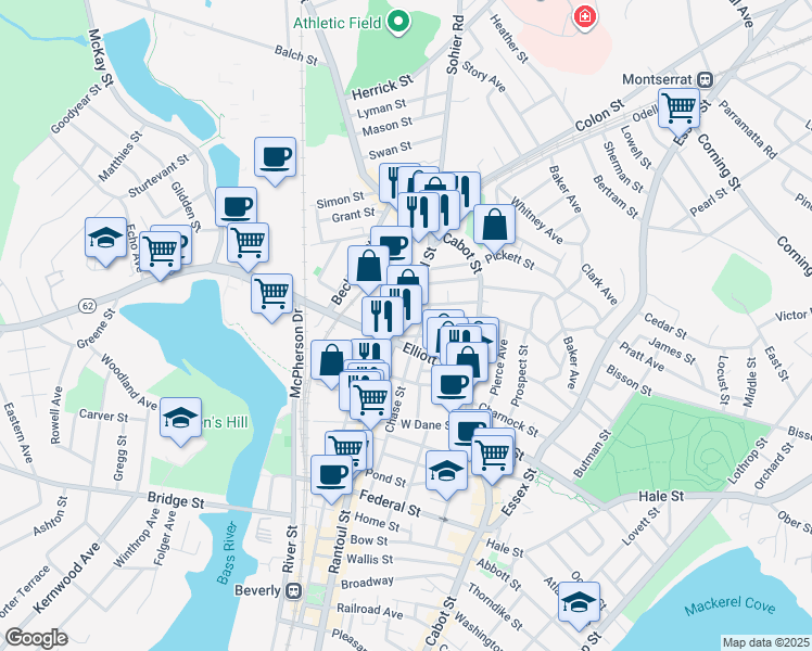 map of restaurants, bars, coffee shops, grocery stores, and more near in Beverly
