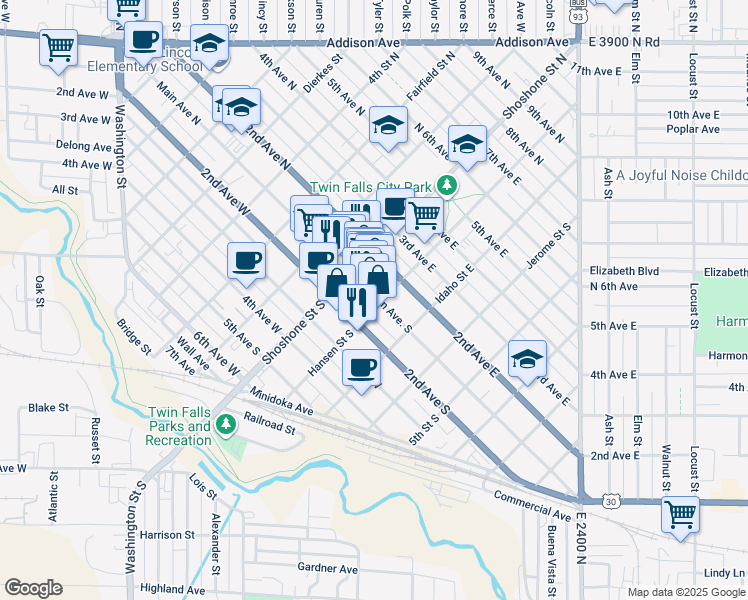 map of restaurants, bars, coffee shops, grocery stores, and more near 148 Main Avenue East in Twin Falls
