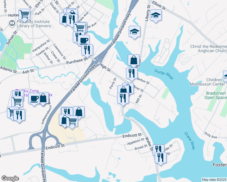 map of restaurants, bars, coffee shops, grocery stores, and more near 13 Perry Terrace in Danvers