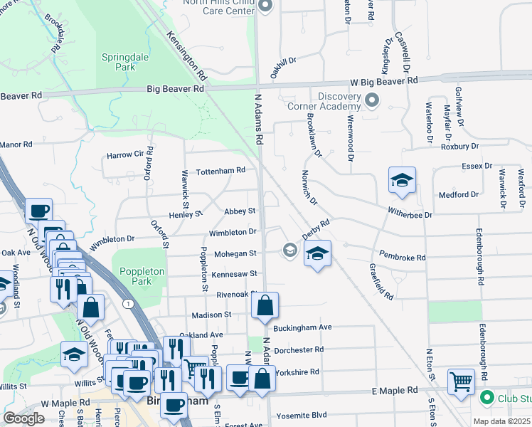 map of restaurants, bars, coffee shops, grocery stores, and more near 971 North Adams Road in Birmingham