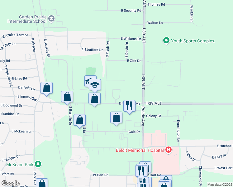 map of restaurants, bars, coffee shops, grocery stores, and more near 1673-1865 East Inman Parkway in Beloit
