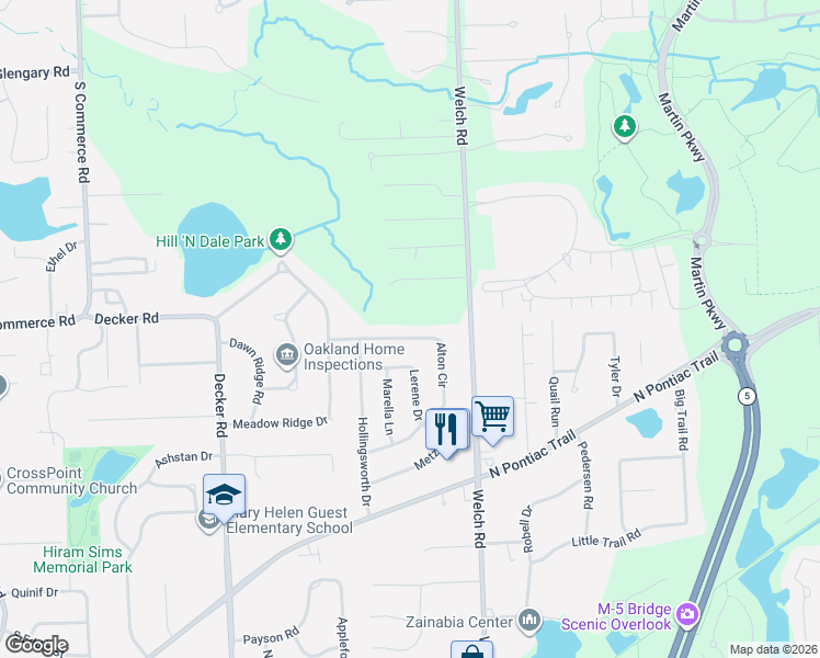 map of restaurants, bars, coffee shops, grocery stores, and more near 1910 Alton Circle in Commerce Charter Township