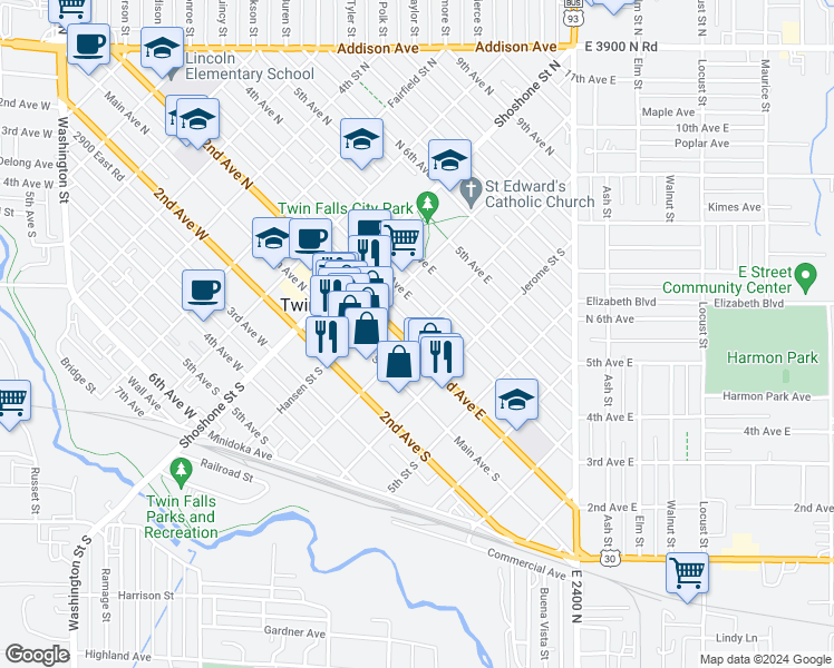 map of restaurants, bars, coffee shops, grocery stores, and more near 249 Idaho Street East in Twin Falls