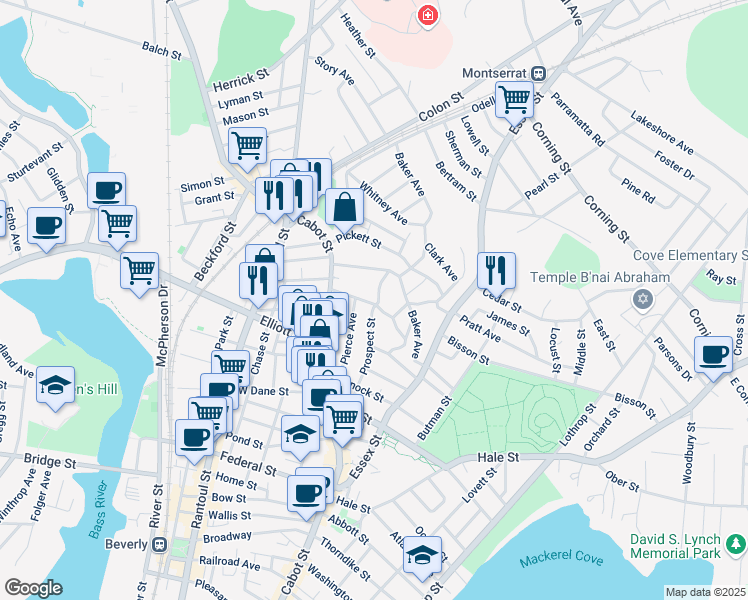 map of restaurants, bars, coffee shops, grocery stores, and more near 34 Appleton Ave in Beverly