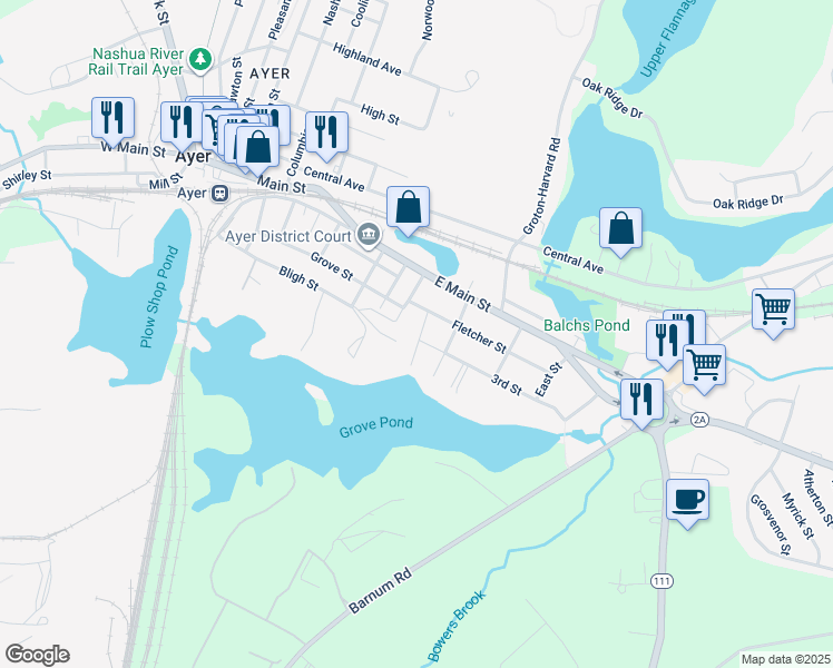 map of restaurants, bars, coffee shops, grocery stores, and more near 5 Whitcomb Avenue in Ayer