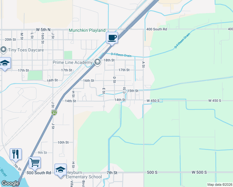 map of restaurants, bars, coffee shops, grocery stores, and more near 1440 D Street in Heyburn