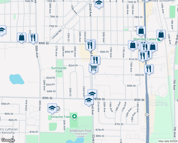 map of restaurants, bars, coffee shops, grocery stores, and more near 8228 Southeast Srv Road in Kenosha
