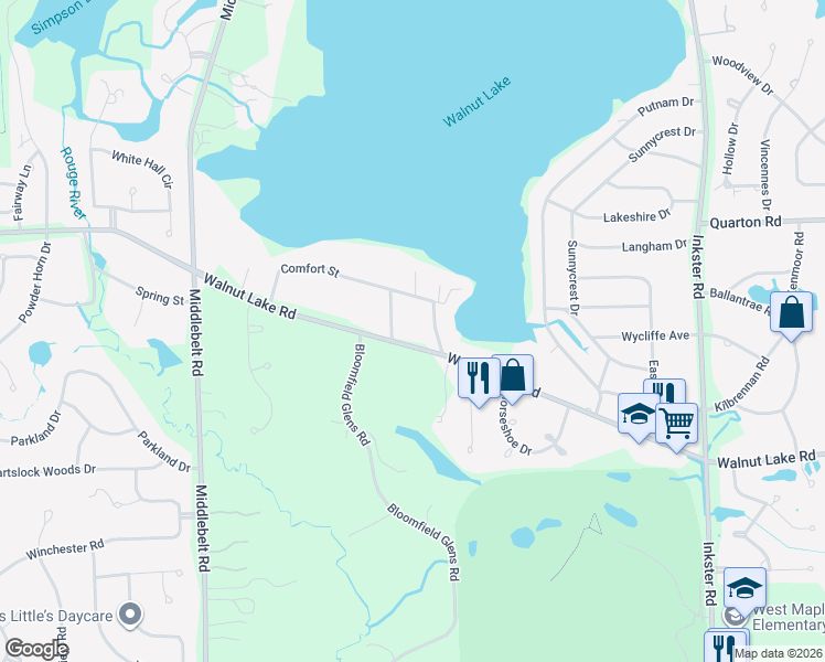 map of restaurants, bars, coffee shops, grocery stores, and more near 5750 Euclid Drive in West Bloomfield Township