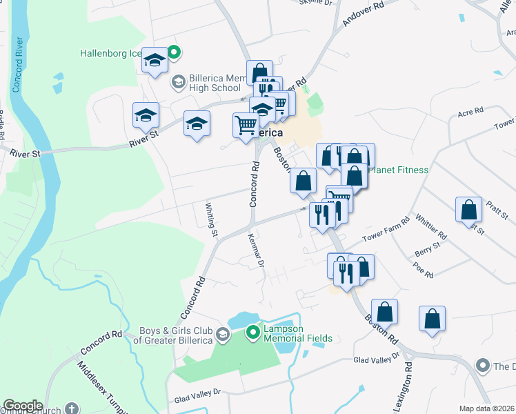 map of restaurants, bars, coffee shops, grocery stores, and more near 50 Concord Road in Billerica