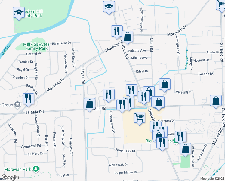 map of restaurants, bars, coffee shops, grocery stores, and more near 15586 Christopher Court in Clinton Township