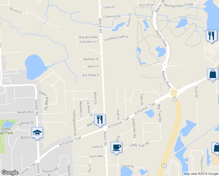 map of restaurants, bars, coffee shops, grocery stores, and more near 2150 Welch Road in Commerce Charter Township