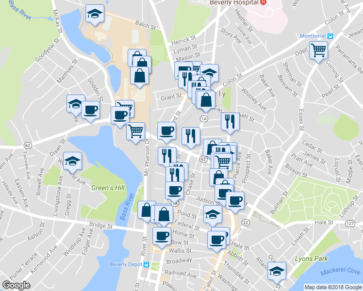map of restaurants, bars, coffee shops, grocery stores, and more near 93 Elliott Street in Beverly