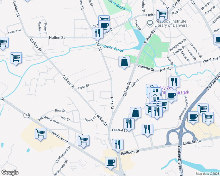 map of restaurants, bars, coffee shops, grocery stores, and more near 185 Pine Street in Danvers