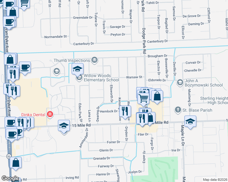 map of restaurants, bars, coffee shops, grocery stores, and more near 35396 Ellsworth Drive in Sterling Heights