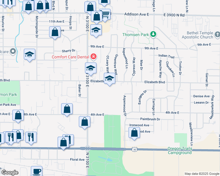 map of restaurants, bars, coffee shops, grocery stores, and more near 2350 Elizabeth Boulevard in Twin Falls