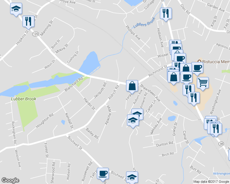 map of restaurants, bars, coffee shops, grocery stores, and more near 16 Aldrich Road in Wilmington