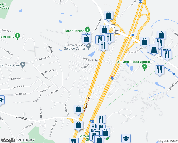 map of restaurants, bars, coffee shops, grocery stores, and more near 12 Mayer Road in Peabody