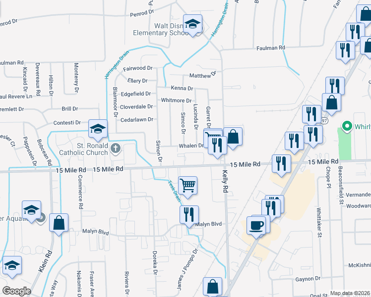 map of restaurants, bars, coffee shops, grocery stores, and more near 18306 Whalen Drive in Macomb County