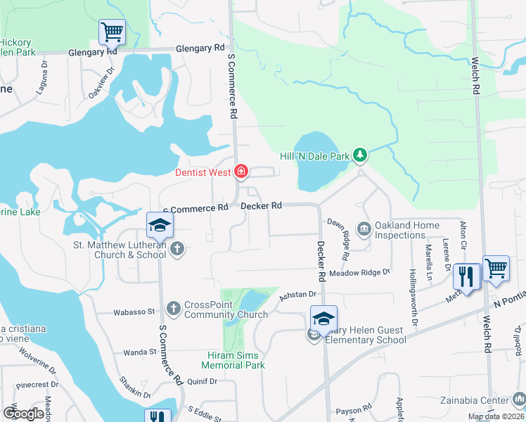map of restaurants, bars, coffee shops, grocery stores, and more near 2175 Decker Road in Walled Lake