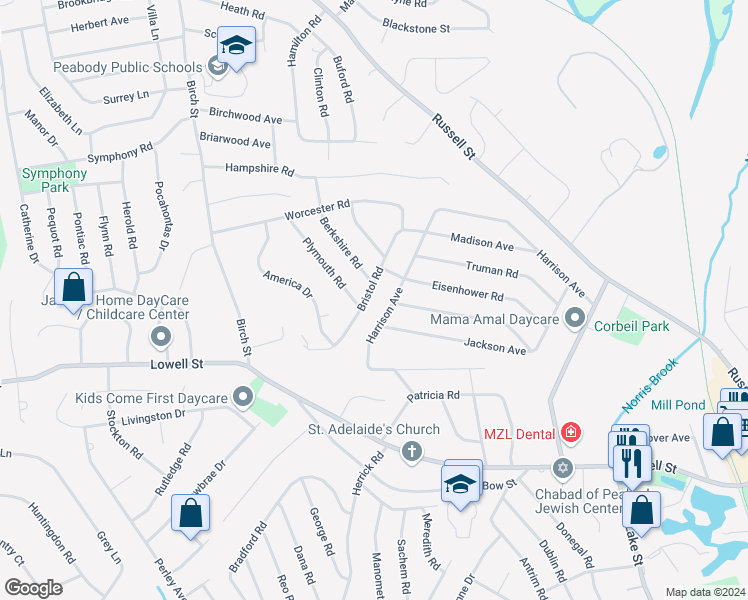 map of restaurants, bars, coffee shops, grocery stores, and more near 12 Bristol Road in Peabody