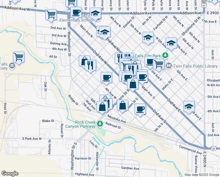 map of restaurants, bars, coffee shops, grocery stores, and more near 206 4th Avenue West in Twin Falls