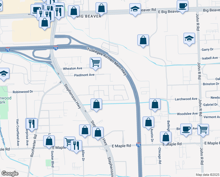 map of restaurants, bars, coffee shops, grocery stores, and more near 2112 Ida Drive in Troy