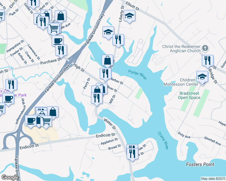 map of restaurants, bars, coffee shops, grocery stores, and more near 13 River Street in Danvers