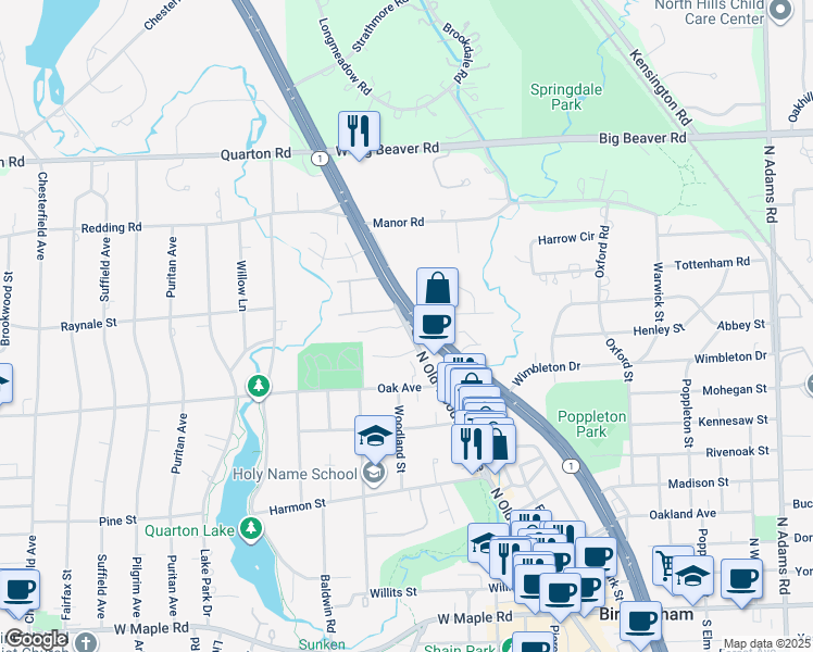 map of restaurants, bars, coffee shops, grocery stores, and more near 1027 North Old Woodward Avenue in Birmingham