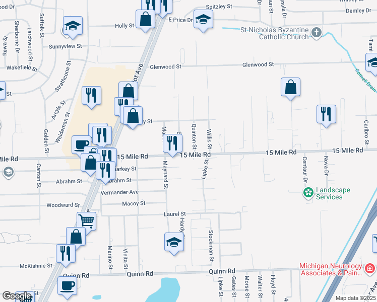 map of restaurants, bars, coffee shops, grocery stores, and more near in Clinton Township