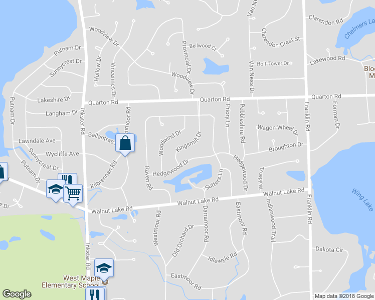 map of restaurants, bars, coffee shops, grocery stores, and more near 5677 Kingsmill Drive in Bloomfield Hills