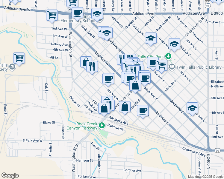 map of restaurants, bars, coffee shops, grocery stores, and more near 206 4th Ave W in Twin Falls