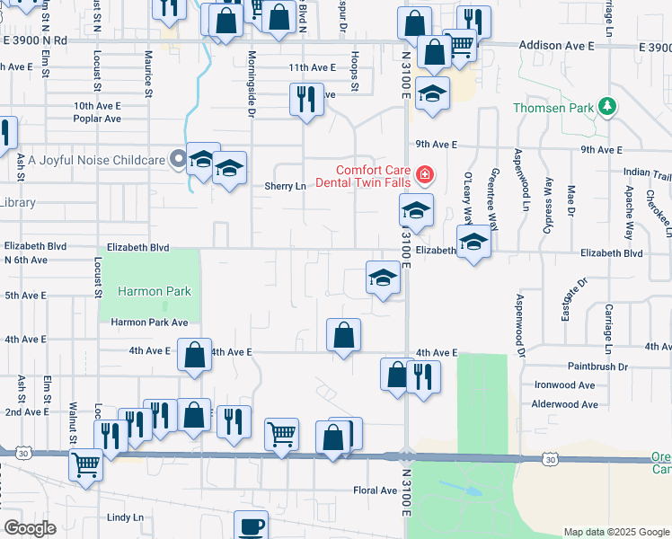 map of restaurants, bars, coffee shops, grocery stores, and more near 2026 Elizabeth Boulevard in Twin Falls
