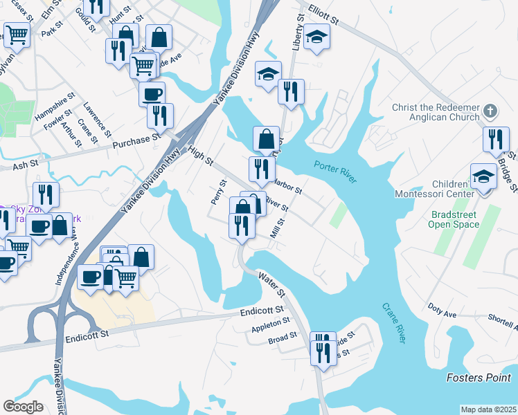 map of restaurants, bars, coffee shops, grocery stores, and more near 9 Water Street in Danvers