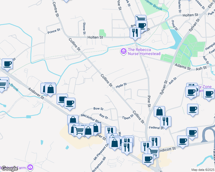 map of restaurants, bars, coffee shops, grocery stores, and more near 75 Collins Street in Danvers