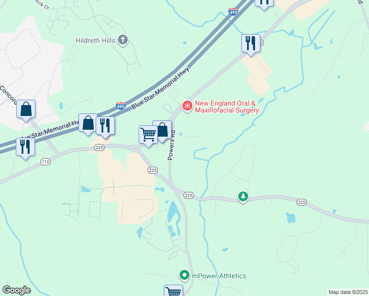 map of restaurants, bars, coffee shops, grocery stores, and more near 8 Powers Road in Westford