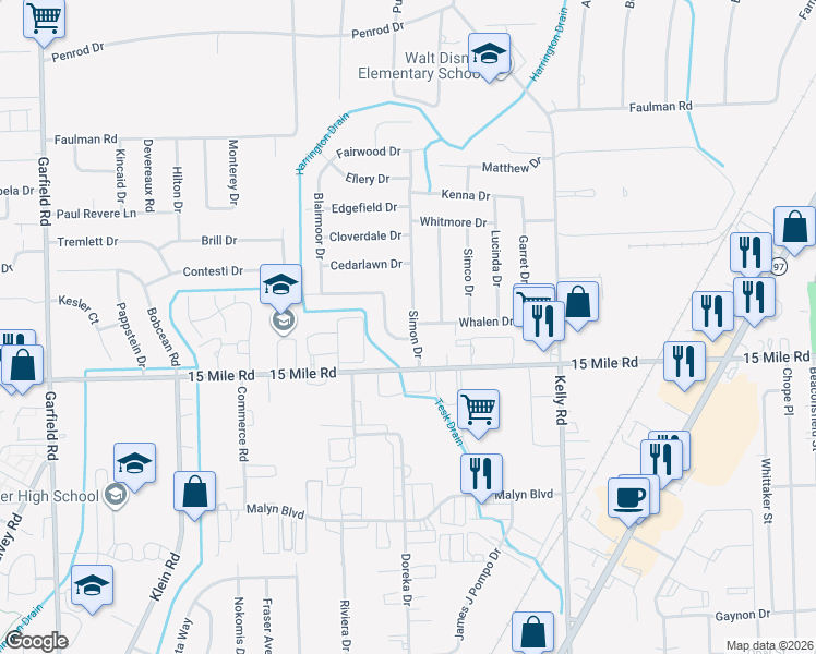 map of restaurants, bars, coffee shops, grocery stores, and more near 35133 Simon Drive in Charter Township of Clinton