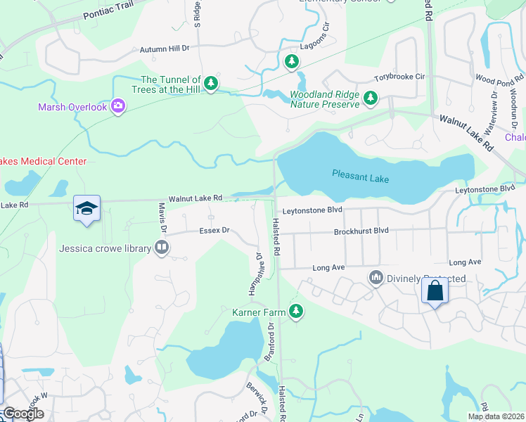 map of restaurants, bars, coffee shops, grocery stores, and more near 5511 Hampshire Drive in West Bloomfield Township