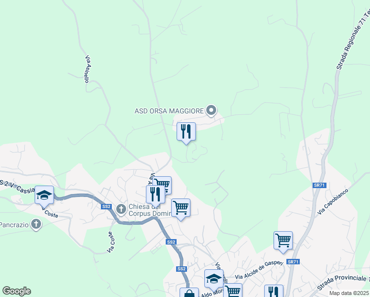 map of restaurants, bars, coffee shops, grocery stores, and more near 107 Via Poggio Della Frusta in Montefiascone