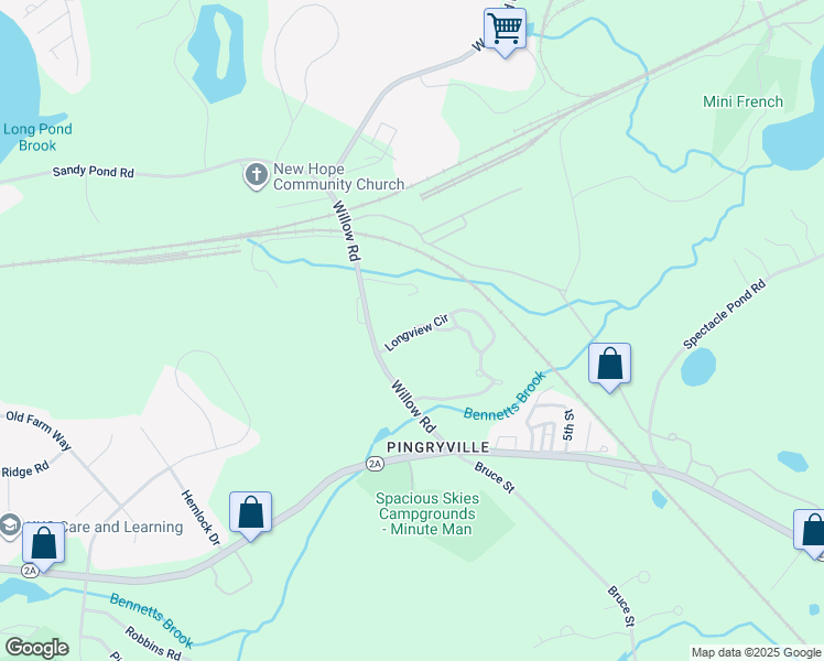 map of restaurants, bars, coffee shops, grocery stores, and more near 10 Longview Circle in Ayer