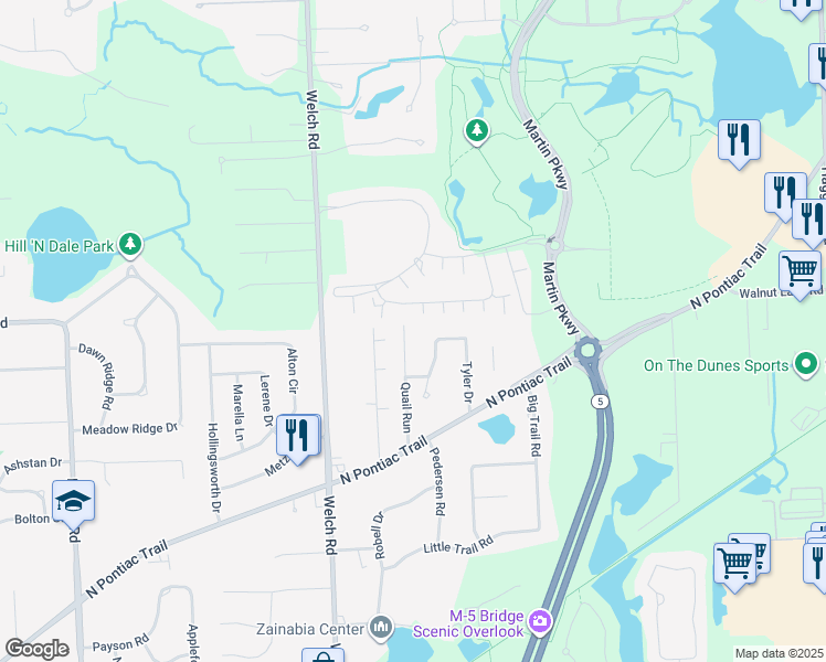 map of restaurants, bars, coffee shops, grocery stores, and more near 2200 Quail Run in Oakland County