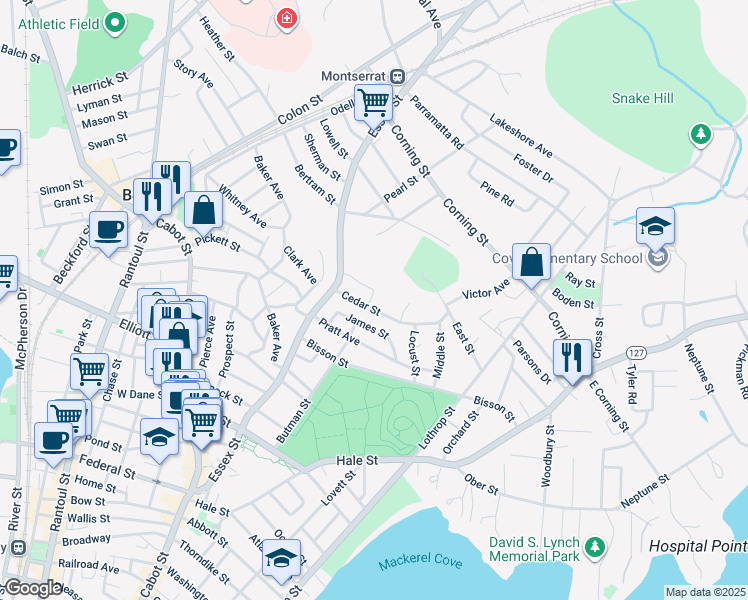 map of restaurants, bars, coffee shops, grocery stores, and more near 10 Cedar Street in Beverly