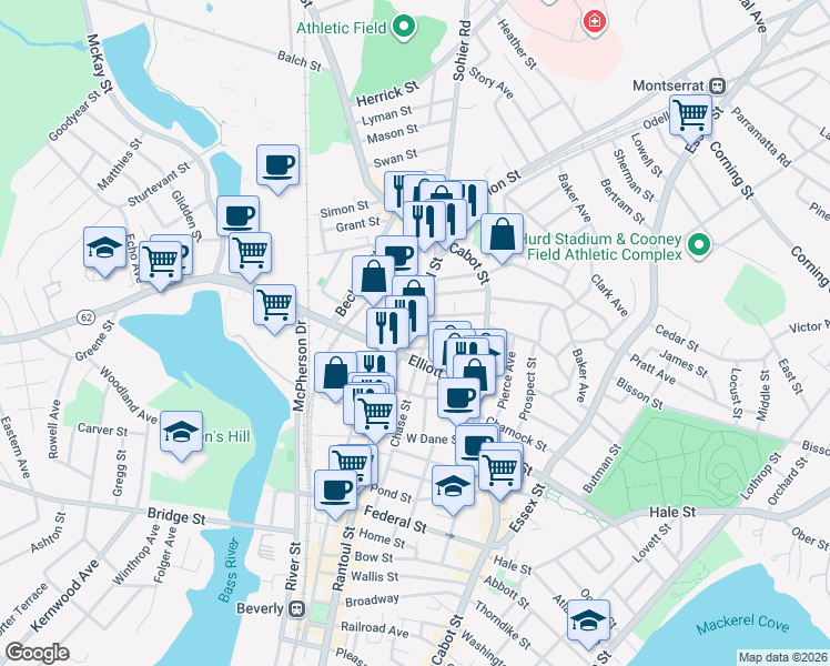 map of restaurants, bars, coffee shops, grocery stores, and more near in Beverly